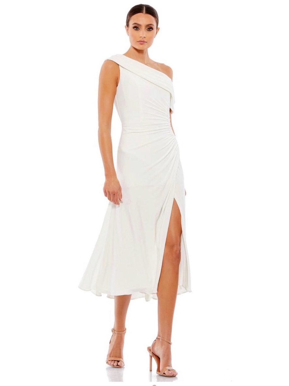 Ieena for Mac Duggal Ruched Off-The-Shoulder Midi Dress White